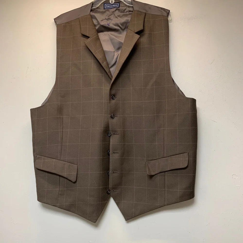 Paul Fredrick 3-Piece Suit Mens 46R Brown Windowpane Wool Blazer Vest Pants Exc